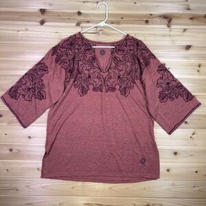 Double D Ranch Blouse Womens Large Rust Floral Beaded V Neck 3/4 Sleeve Shirt